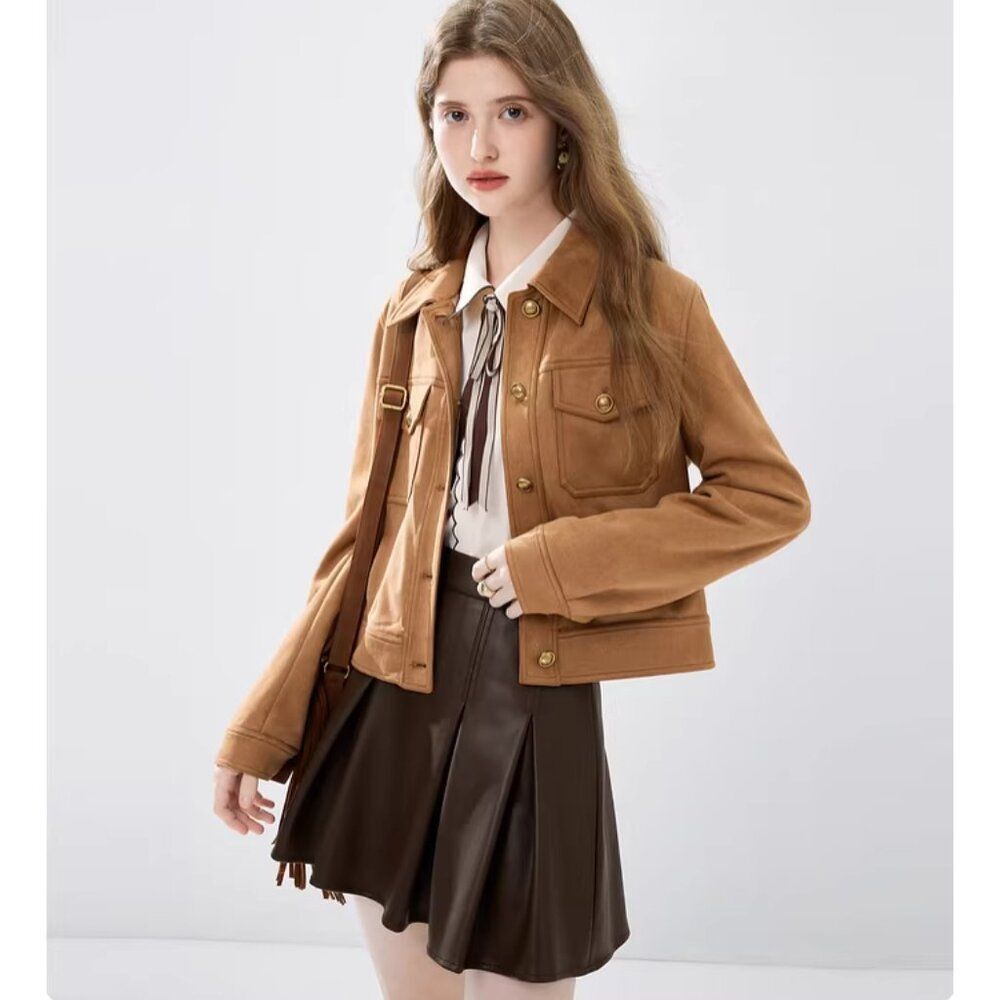 NWT CHIO SHUI Marron Suede-Look Cropped Utility Jacket NWT